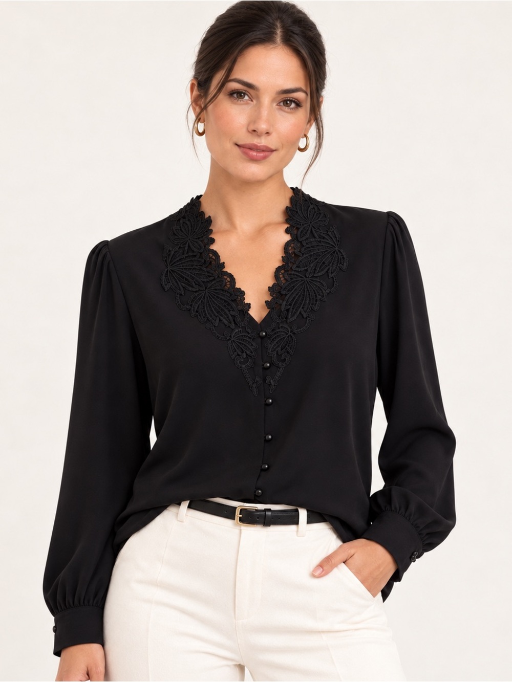 Vintage Liz Baker Black Lace Embroidered Blouse Size 10 Button Front